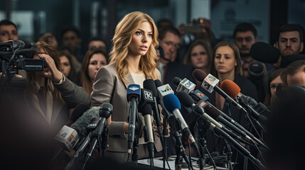 Press statement on behalf of a politician or political party, there are camermans and microphones.