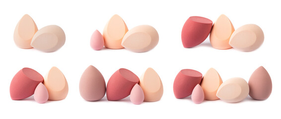 Beauty blender isolated on white background.Bright sponges for make-up cosmetics. Makeup products....