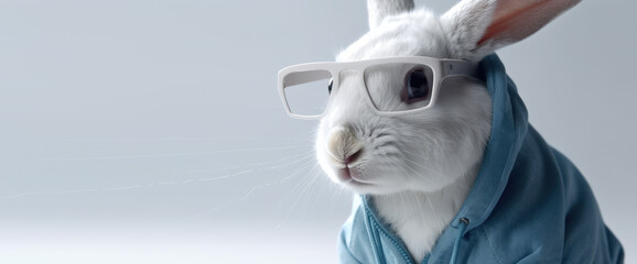 Portrait of a white rabbit in transparent glasses looking into the camera on an isolated gray background. Cute rabbit in a warm cyan hoodie. Panoramic copy space. Generative AI.