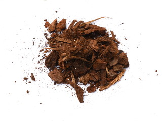 High Angle Close Up Detail of a Pile of Aged Pine Bark and Coconut Fiber Soil Isolated on White...