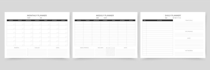 Planner for month, week and day. Set of monthly, weekly, daily timetables. Week starts Monday. Empty schedule. Journal page template. Homework organizer. Simple blank of diary. Vector illustration. - obrazy, fototapety, plakaty