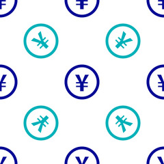 Blue Chinese Yuan currency symbol icon isolated seamless pattern on white background. Coin money. Banking currency sign. Cash symbol. Vector
