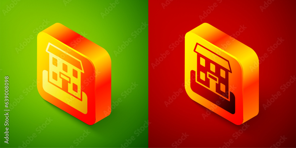 Poster isometric school building icon isolated on green and red background. square button. vector