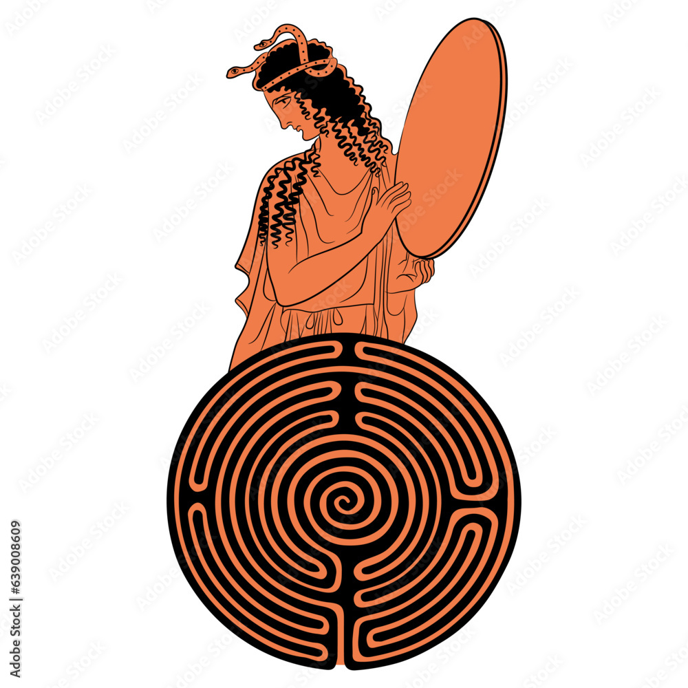 Wall mural ancient greek woman holding tambourine with snakes in her hair and a round spiral maze or labyrinth 