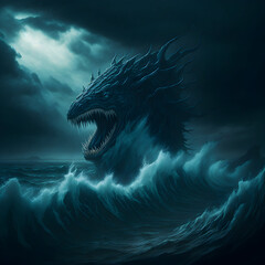 A gigantic sea monster emerging from the depths of the ocean, with a stormy sky and waves crashing against the shoreline, - obrazy, fototapety, plakaty
