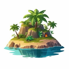 A cartoon illustration of an island with palm trees. Generative AI.