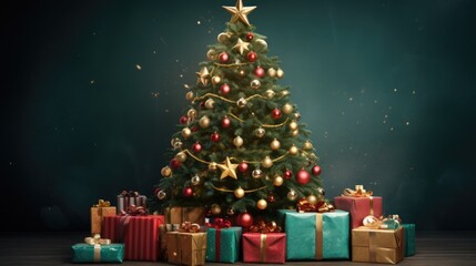 New Year's tree decorated with New Year's balls and garlands in the interiors with gifts