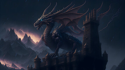 A fierce dragon perched atop a castle tower, with storm clouds gathering behind him and bolts of lightning illuminating the sky - obrazy, fototapety, plakaty