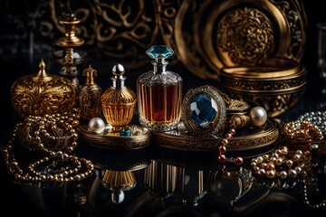 Fototapeta na wymiar Nostalgia Perfume Bottle Surrounded by Antique Jewelry