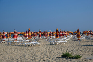 Bulgarian beach on the Black sea coast at Albena in a summer hot day.