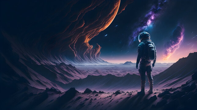A lone astronaut standing on a desolate planet, staring up at a galaxy filled with swirling colors and cosmic dust