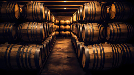Whiskey, bourbon, scotch barrels in an aging facility. - obrazy, fototapety, plakaty