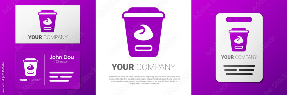 Poster logotype yogurt container icon isolated on white background. yogurt in plastic cup. logo design temp