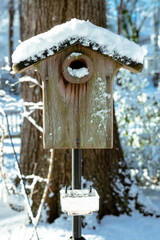 Wood weathered Bluebird box covered in snow on the roof