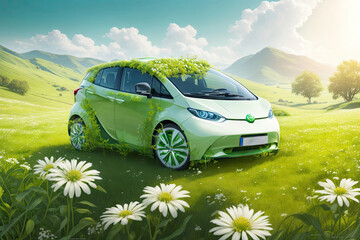 a green EV car surrounded by grass and flowers. ai generative