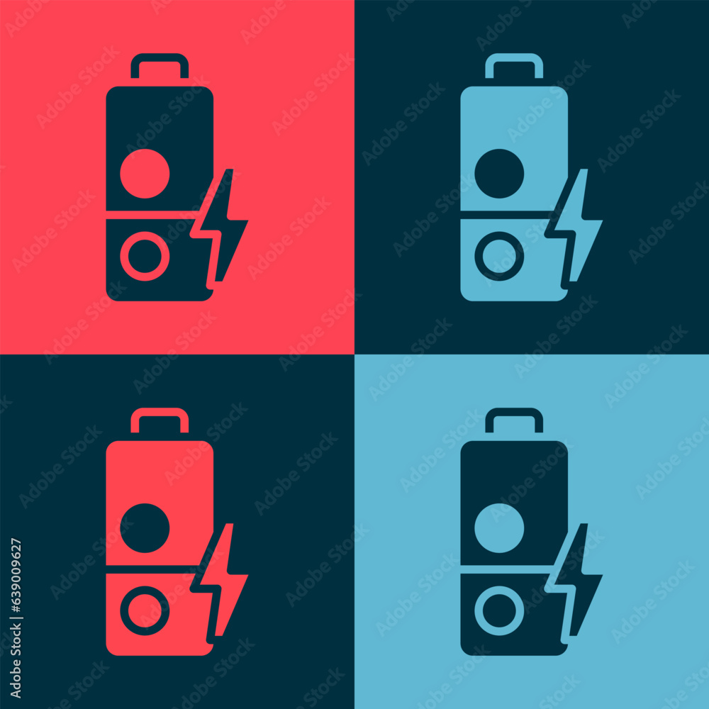 Poster pop art battery charge level indicator icon isolated on color background. vector