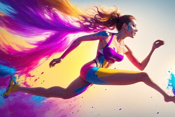 Obraz na płótnie Canvas abstract woman running with a colorful splash. ai generative