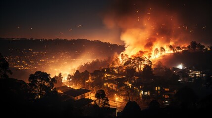 engulfed forest fires come close to the city and houses, environmental problems and disaster. 