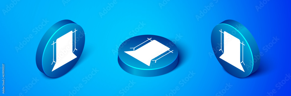 Poster isometric empty photo studio icon isolated on blue background. screen backdrop. blue circle button. 