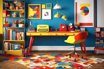  a 3D home office desk inspired by retro pop art aesthetics.