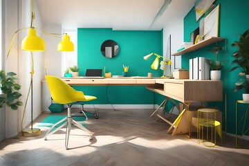 a sleek and modern 3D home office desk setup with a burst of energetic colors.