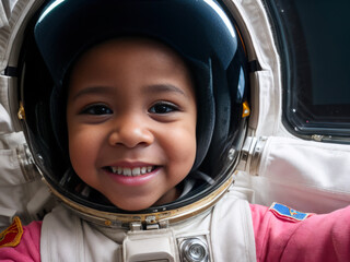 Digital photo of positive beautiful very young laughing ebony baby astronaut taking selfie floating on space