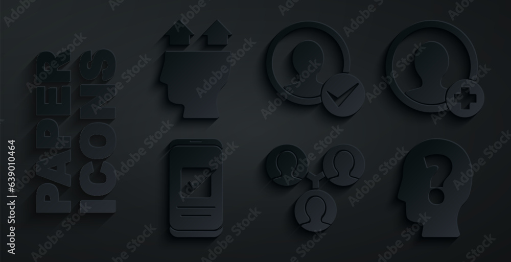 Poster set project team base, create account screen, smartphone, head with question mark, and user of man i