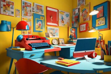  a 3D home office desk inspired by retro pop art aesthetics.