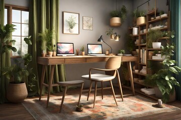 a cozy and colorful 3D home office nook infused with botanical charm.