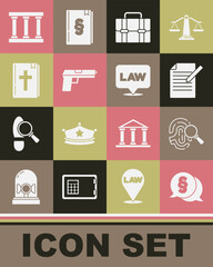 Set Law, Fingerprint, Document and pen, Briefcase, Pistol or gun, Holy bible book, Prison window and Location law icon. Vector