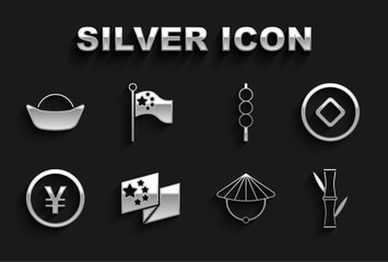 Set China flag, Chinese Yuan currency, Bamboo, conical straw hat, Meatballs wooden stick, Sushi and flagpole icon. Vector