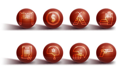 Set line Saloon door, Declaration of independence, Burger and french fries, American football helmet, Military, Coin money with dollar, Pistol gun and Indian teepee wigwam icon. Vector © Kostiantyn