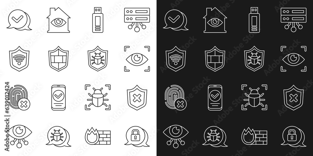 Poster set line cyber security, shield with cross mark, eye scan, usb flash drive, brick wall, wifi wireles