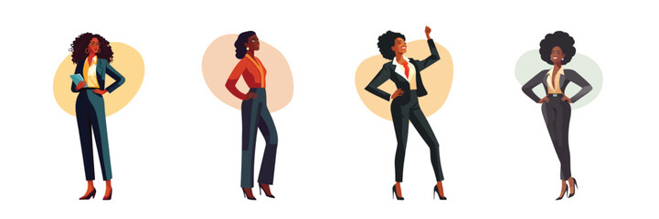 Simple vector illustrations of black women in business suits. Empowering diversity in the corporate world.