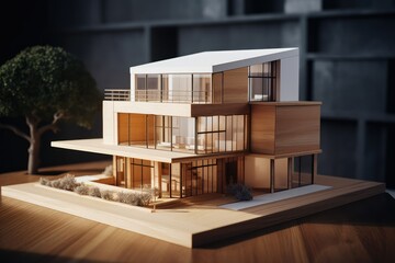 Architectural model with scale on wood table.