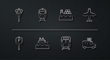 Set line Road traffic signpost, Parking, Plane, Train and railway, Cruise ship, TV News car and Cargo with boxes icon. Vector