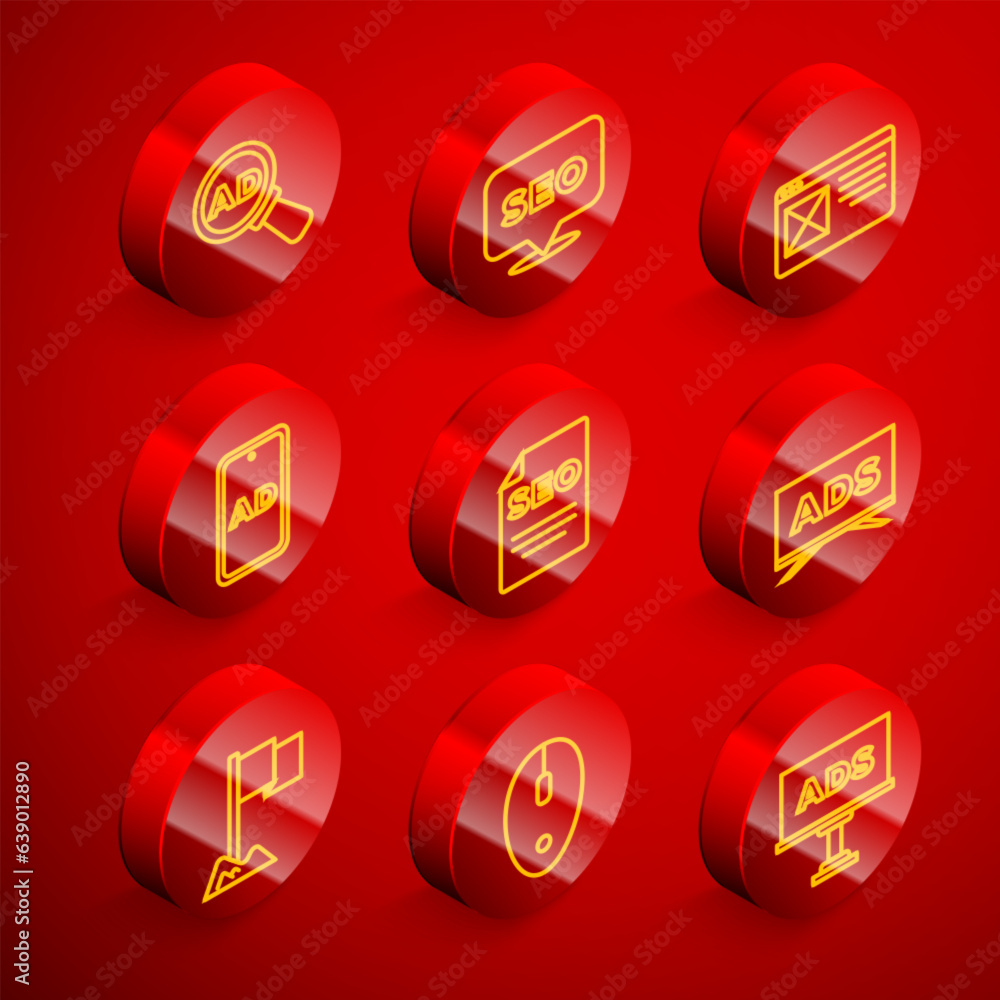 Poster set line advertising, seo optimization, browser window, location marker and computer mouse icon. vec
