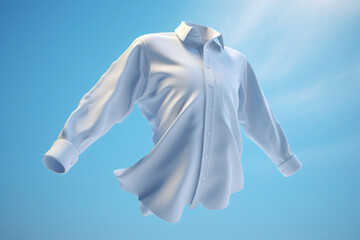 White shirt with ghost model floating in blue background. Snow-white shirt flies in the sky against the clouds. Perfectly white clothes after washing, without human body. Bleach, laundry, dry. Mockup - obrazy, fototapety, plakaty