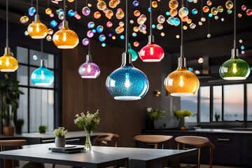 interior of a restaurant with hanging colorful light lamps