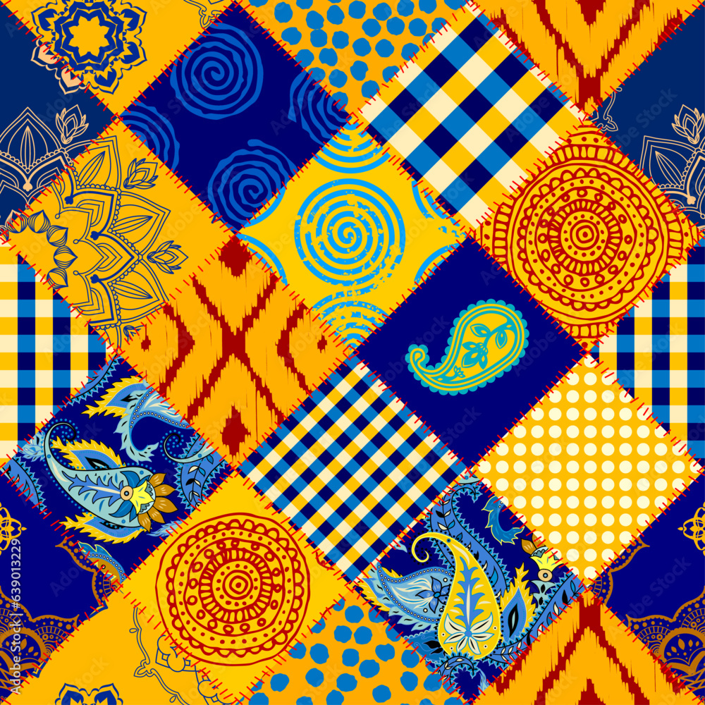 Aufkleber textile patchwork pattern with blue and yellow colors. vector image