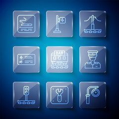 Set line Train traffic light, Repair of railway, station clock, Railway, Restaurant train, Road signpost, Smoking area and conductor icon. Vector