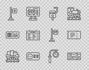 Set line Cargo train wagon, Train ticket, Emergency brake, Electrical outlet, Road traffic signpost, station board, clock and icon. Vector