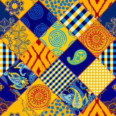 Textile patchwork pattern with blue and yellow colors. Vector image