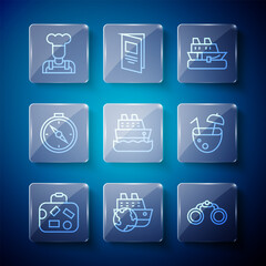 Set line Suitcase, Cruise ship, Binoculars, Compass, Cook and Coconut cocktail icon. Vector