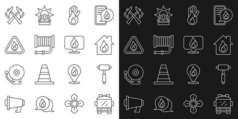 Set line Fire truck, Firefighter axe, in burning house, No fire, hose reel, flame triangle, and Location with icon. Vector