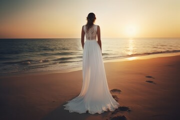 Fototapeta na wymiar Beautiful woman in white dress walking on the beach at sunset