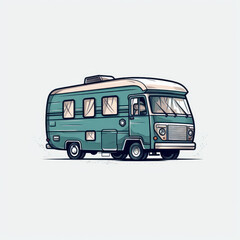 A cartoon illustration of a camper van. Generative AI.