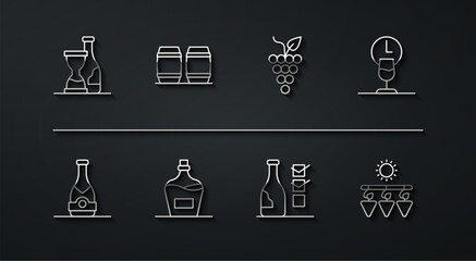 Set line Bottle of wine, Champagne bottle, Wine time, Old, Wooden barrel for, Drying grapes and Bunch icon. Vector