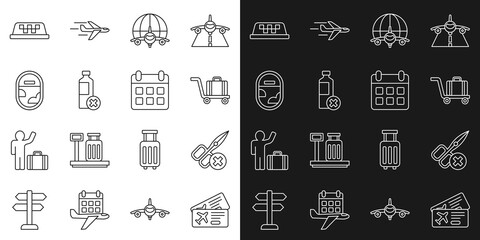 Set line Airline ticket, No scissors, Trolley baggage, Globe with flying plane, water bottle, Airplane window, Taxi car roof and Calendar and airplane icon. Vector