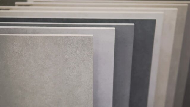 Ceramic granite tiles for bathroom, kitchen, floor, wall, home, stairs, steps. Natural color palette. All shades of grey.